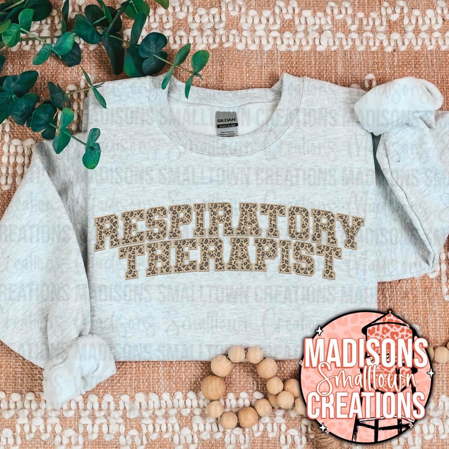 FAUX EMBROIDERY Leopard respiratory therapist Crew