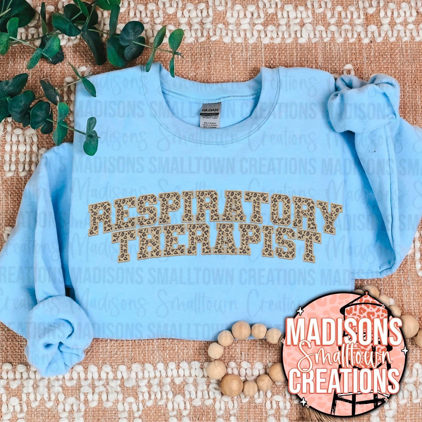 FAUX EMBROIDERY Leopard respiratory therapist Crew