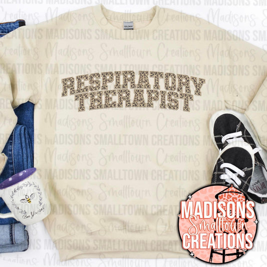 FAUX EMBROIDERY Leopard respiratory therapist Crew