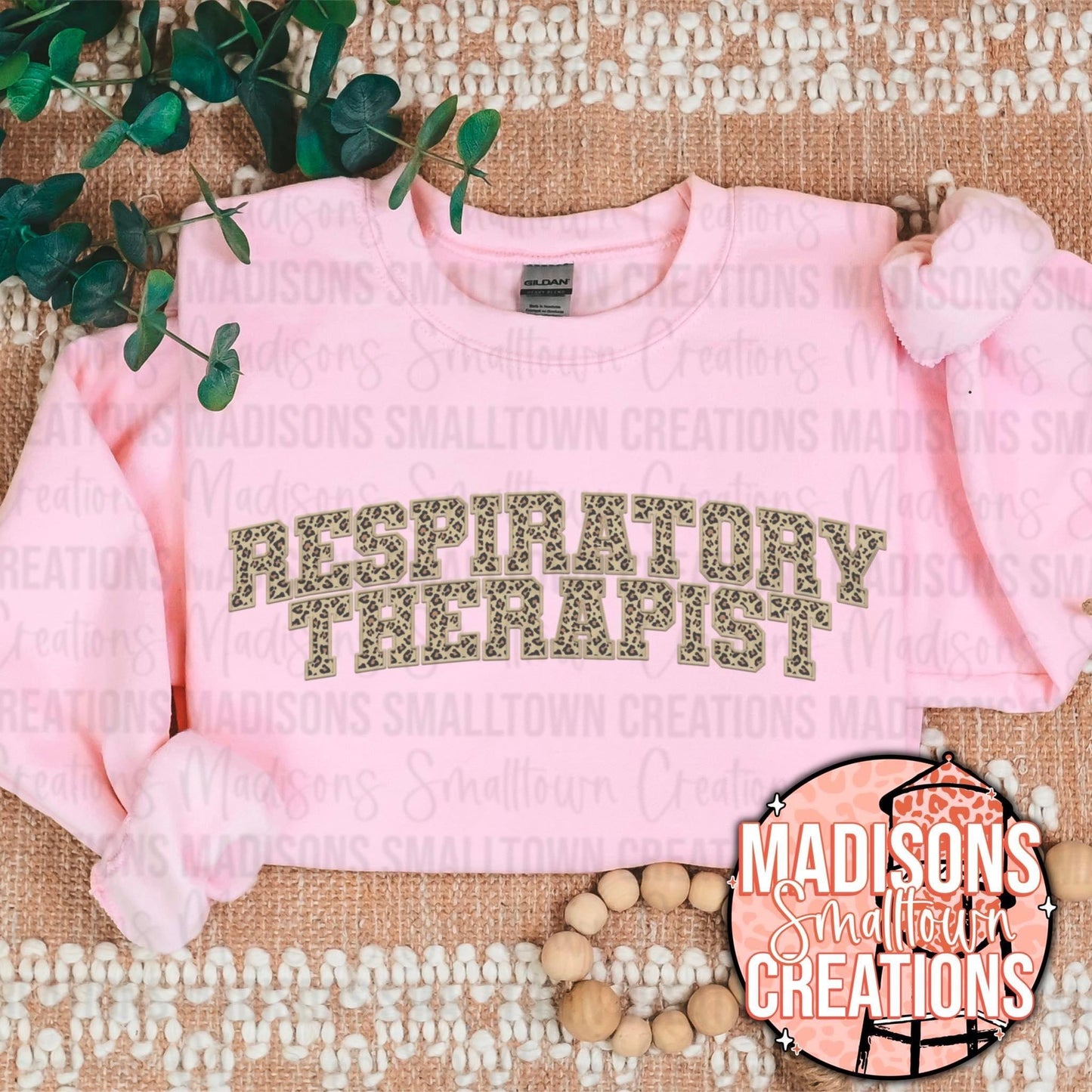 FAUX EMBROIDERY Leopard respiratory therapist Crew